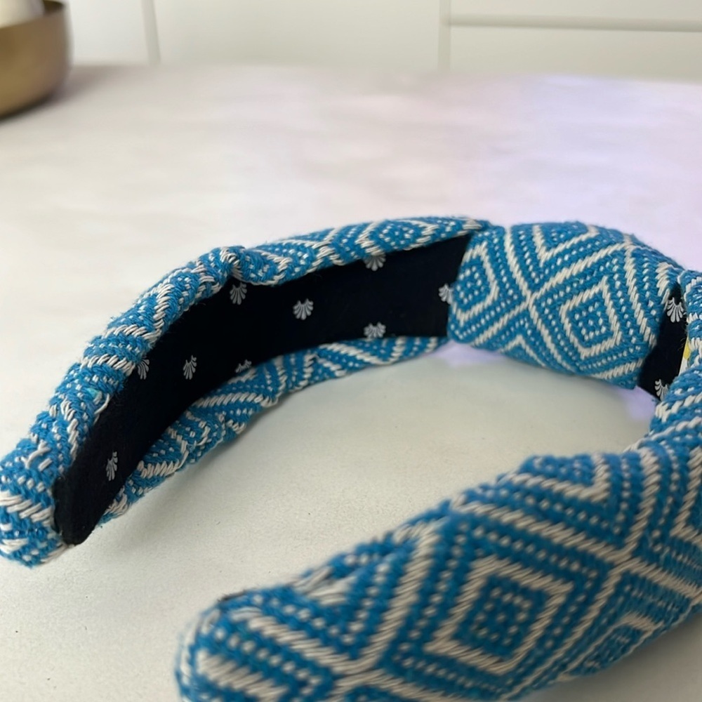 Lele Sadoughi Diamond Woven Knotted Headband in Turquoise Blue and White - Picture 3 of 4